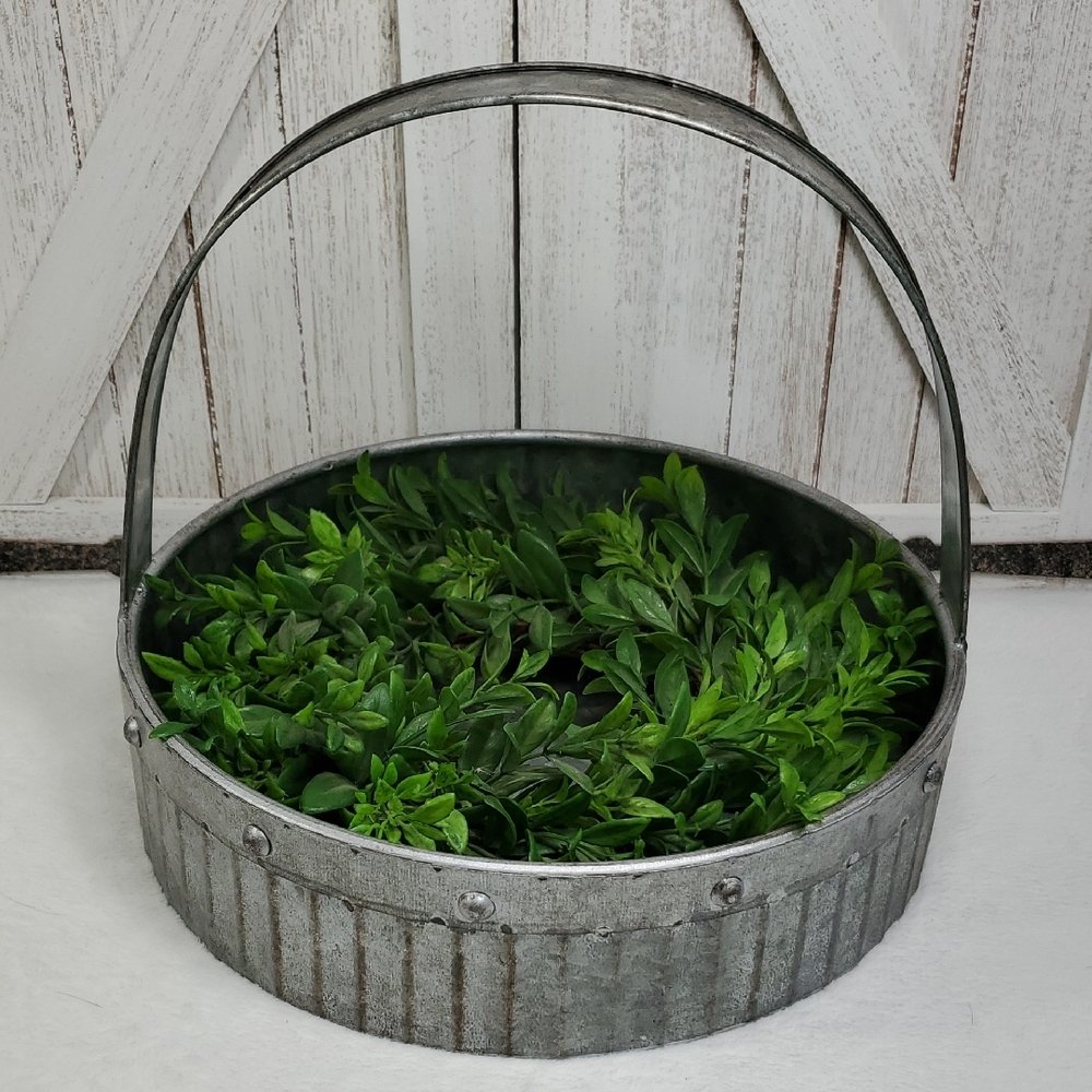 Galvanized Metal Round Basket with Handle Farmhouse Country Decor